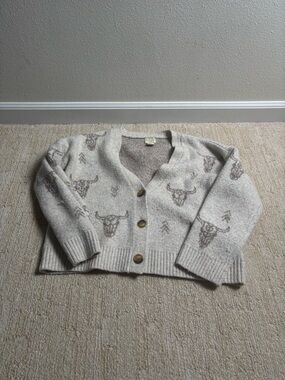 Ivory Cow Skull Motif Button-Front Women's Cardigan
